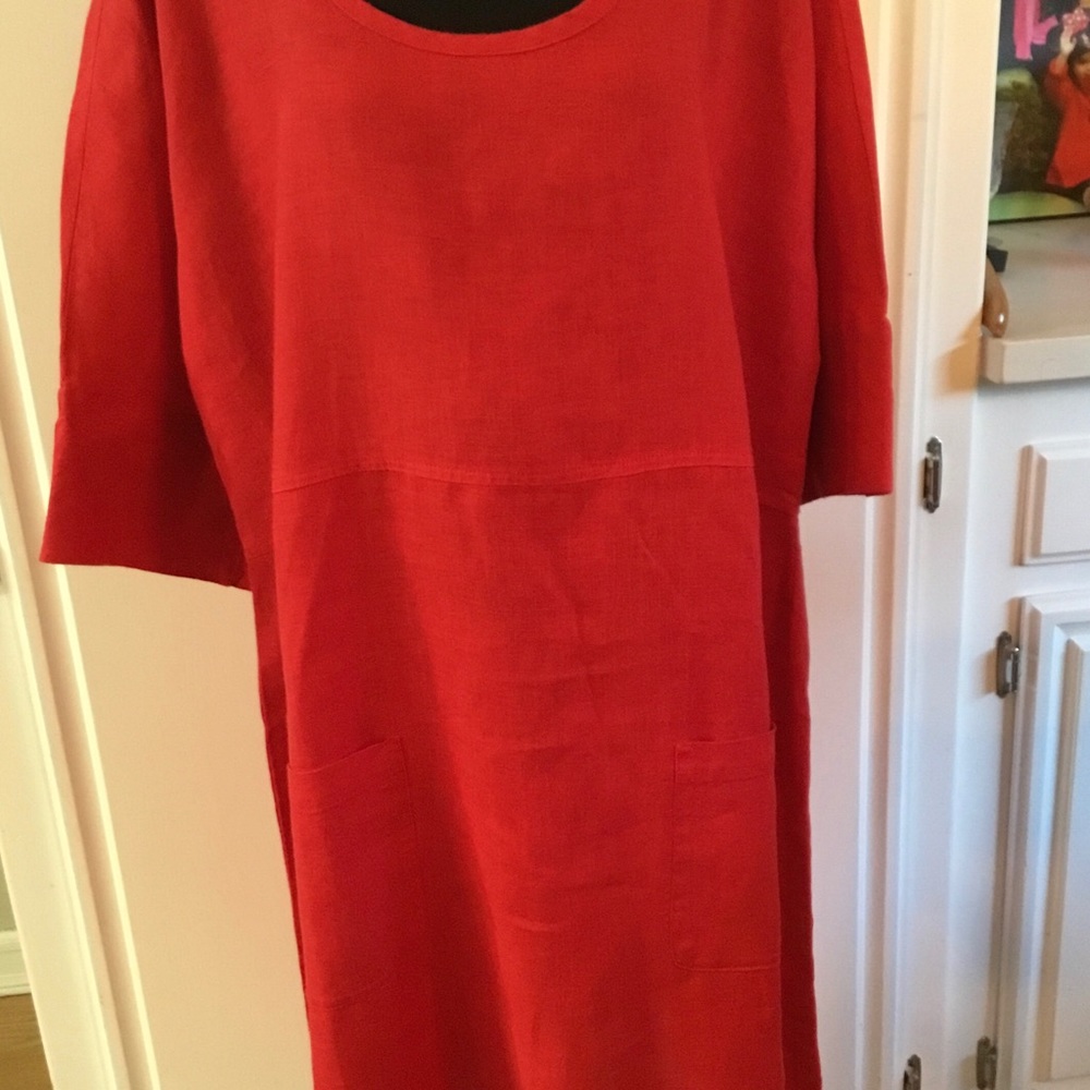 NWOT Flax Dress 100% Linen Red Pockets! L